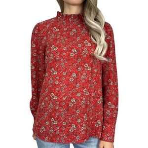Paraphrase Red Floral Print Mock Neck Blouse, Size Small